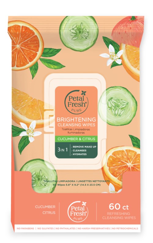 Cleansing wipes with cucumber and citrus scent, for removing makeup and hydrating skin, in a pink package.