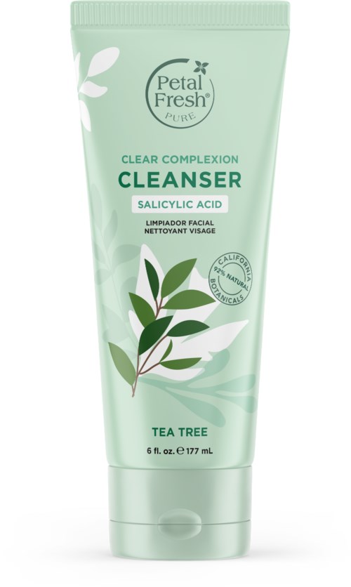 Een groene tube met Petal Fresh Clear Complexion Cleanser met tea tree en salicylzuur voor acne en een heldere huid.