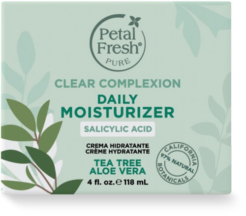 Vihreä pakkaus Petal Fresh Daily Moisturizerille, teepuu ja aloe vera puhtaaseen ihoon.