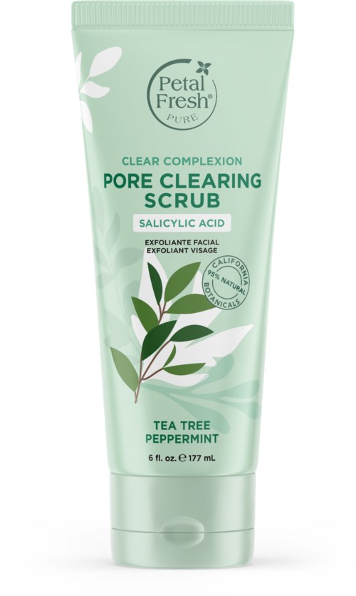 En grön tub med Petal Fresh Pore Clearing Scrub med tea tree och pepparmynta, avsedd för ansiktshud. Den innehåller salicylsyra.