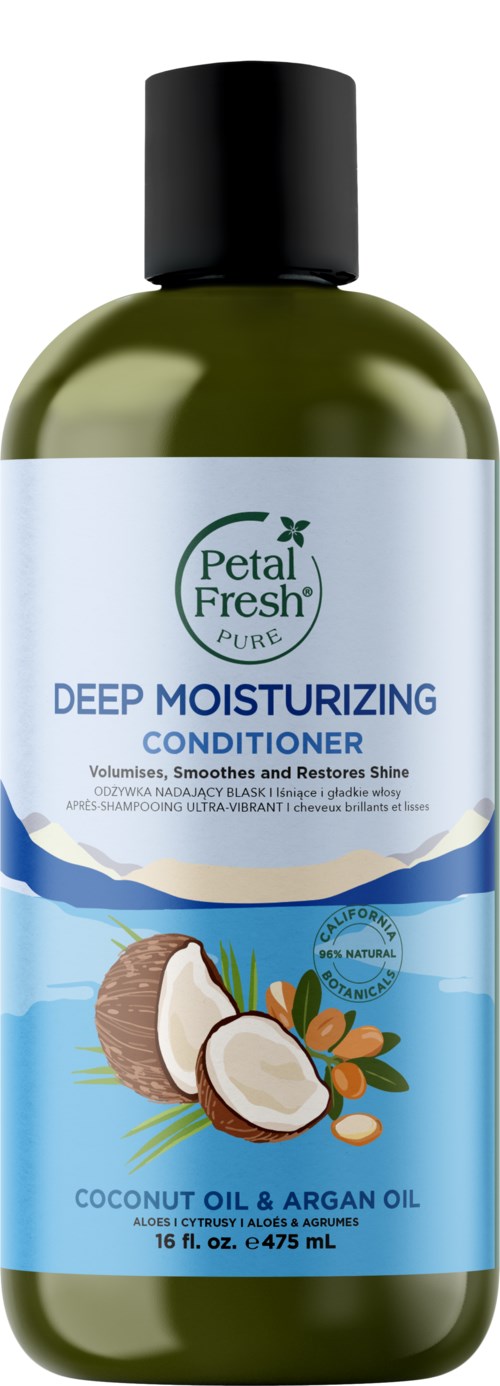 A bottle of Petal Fresh Deep Moisturizing Conditioner with coconut oil and argan oil, featuring an image of coconut and plants.