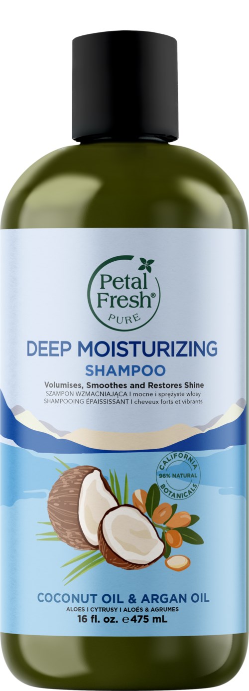 A green bottle of Petal Fresh Deep Moisturizing Shampoo with coconut and argan oils and a blue and white label.