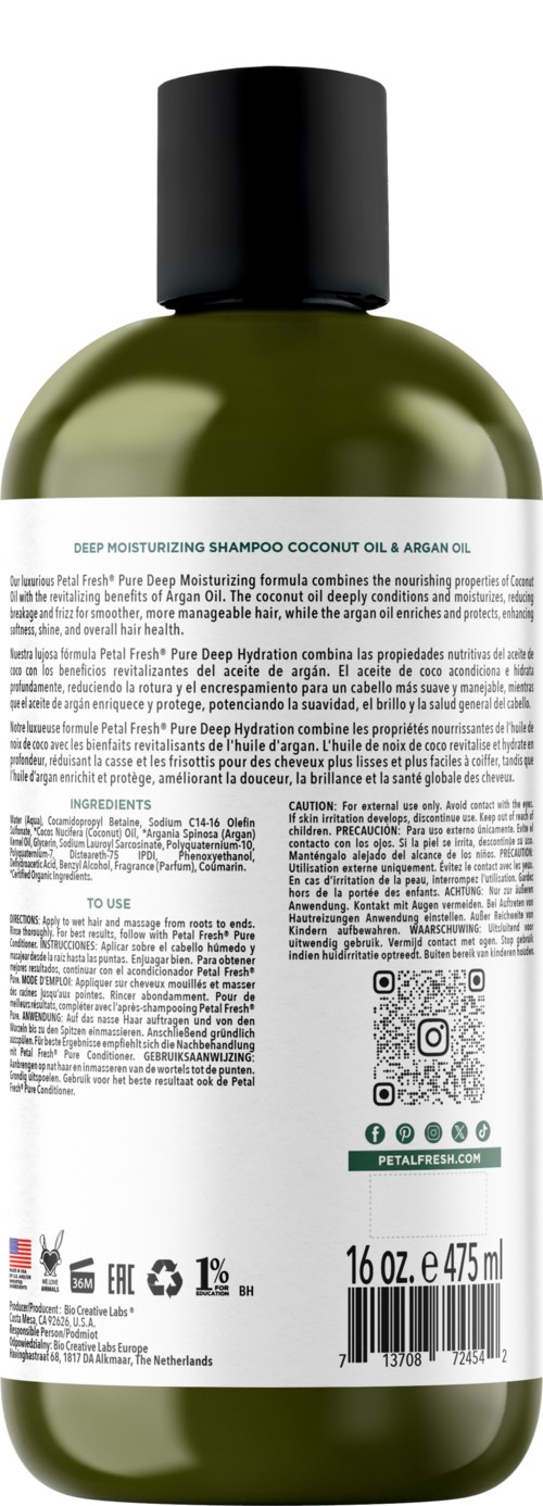 Green bottle of deep moisturizing shampoo with black cap, labeled with product details and instructions.