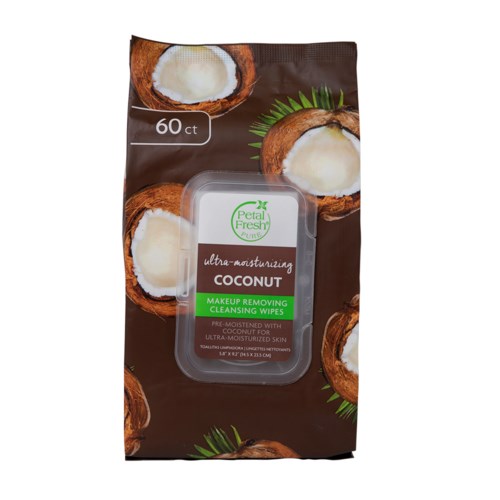 Packaging for coconut makeup removing wipes with 60 sheets, showing coconuts and green leaves.