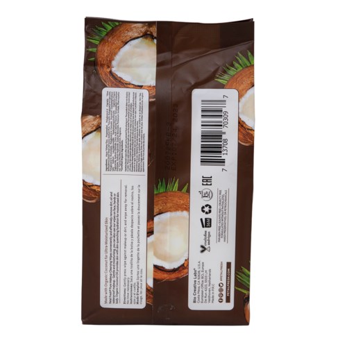 Package with coconut product, brown color, green leaf design, barcode, and text labels.