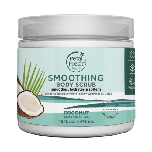 A jar of Petal Fresh Smoothing Body Cream with coconut scent. Contains text about hydration, softness, and natural ingredients.