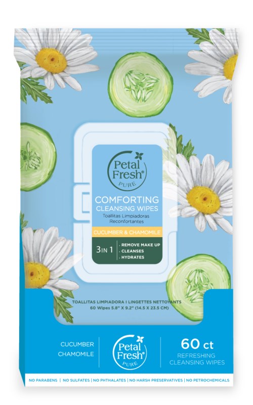 A box of Petal Fresh wipes with cucumber and chamomile, surrounded by daisies and cucumber slices, on a blue background.