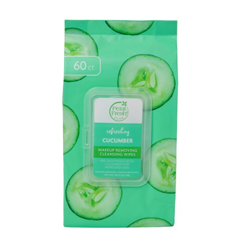 Doos met 60 make-up verwijderingsdoekjes met komkommerafbeelding en Petal Fresh-merk.