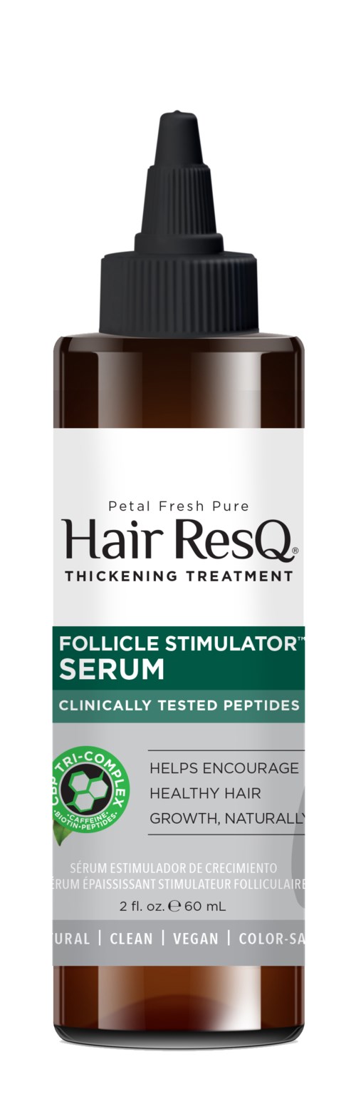 A small brown bottle with a dropper, labeled Hair ResQ Follicle Stimulator Serum, helps hair grow healthy and strong.