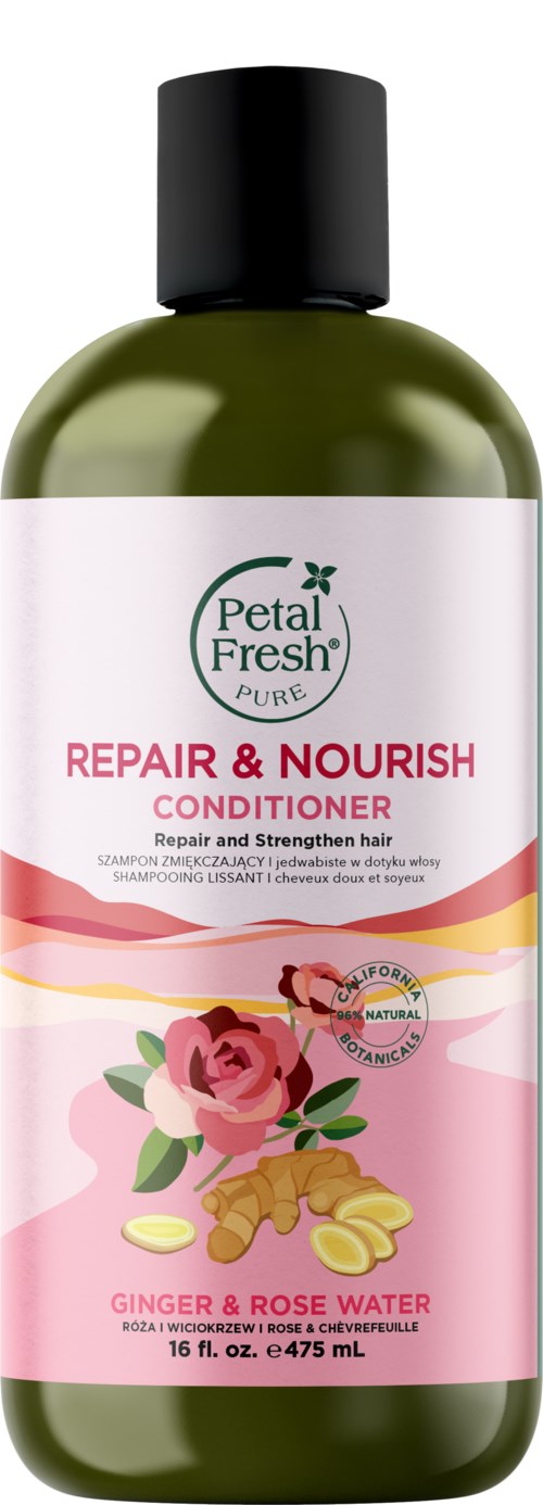 A green bottle of Petal Fresh shampoo for repairing and nourishing hair with ginger and rose water, 16 fl oz.