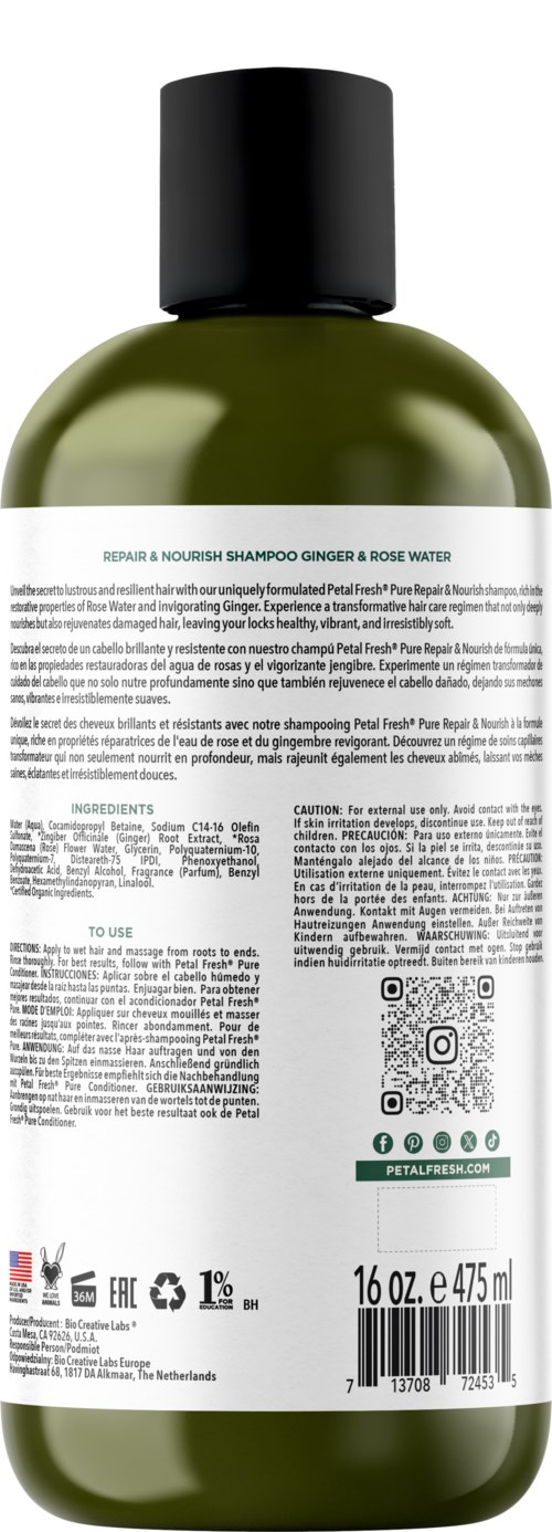 A green shampoo bottle with a black cap, label with small text, ingredients, instructions, and a QR code.