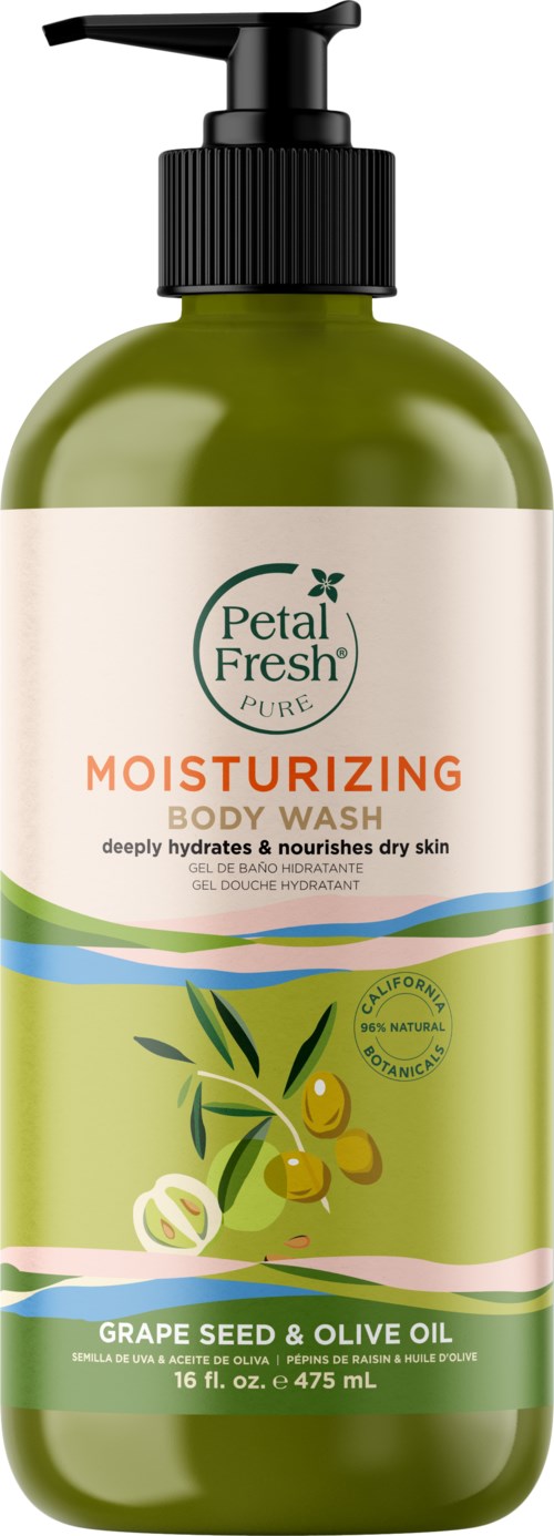 Green bottle with a pump. Label says 'Petal Fresh, Moisturizing Body Wash, Grape Seed & Olive Oil, 16 fl oz.'