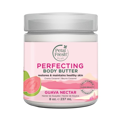 Container of Petal Fresh Perfecting Body Butter with guava nectar, pink label, green and pink text, and a lid.