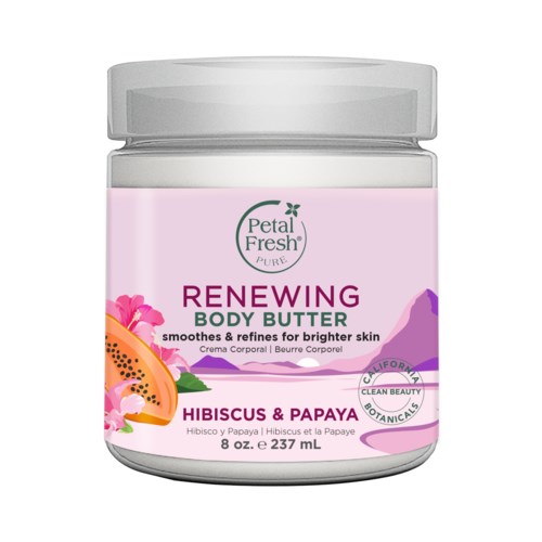A jar of body butter with hibiscus and papaya for brighter skin, from Petal Fresh. It is lavender and pink.