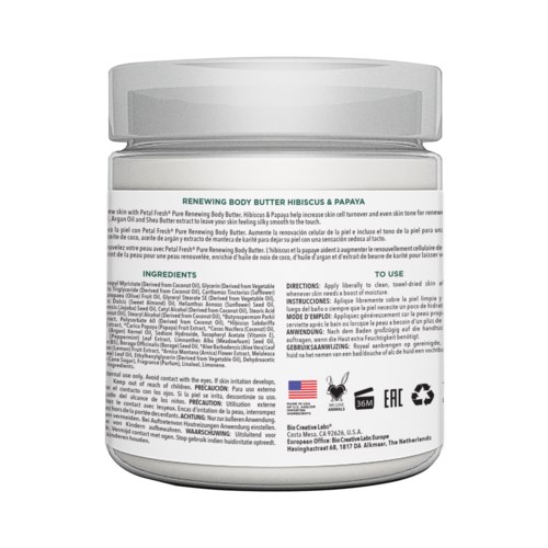 A white jar with a label describing hibiscus and papaya body butter, ingredients, directions, and recycling info.