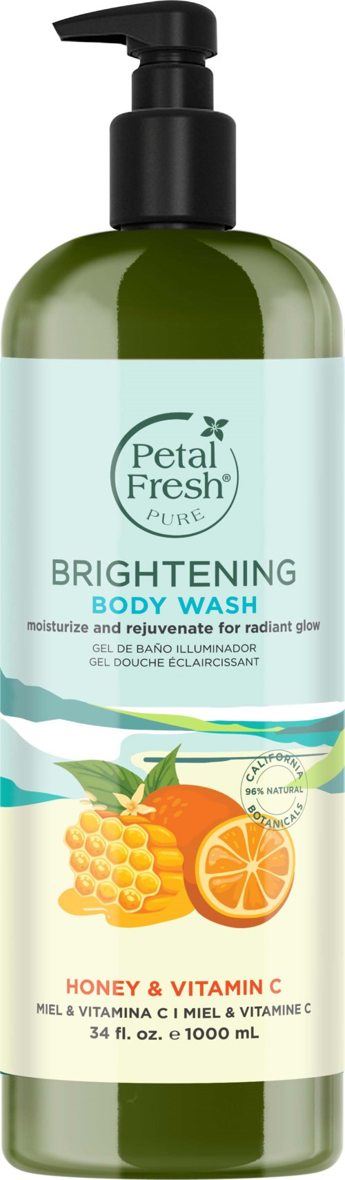 Botanical-green body wash bottle with orange and honey illustrations, labeled as brightening, moisturizing, and with Vitamin C.