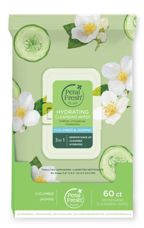 Packet of 60 Cucumber and Jasmine hydrating cleansing wipes, designed to refresh and cleanse skin.