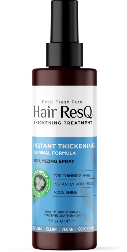 A dark brown spray bottle with a black spray nozzle, labeled 'Hair ResQ Instant Thickening Volumizing Spray'.