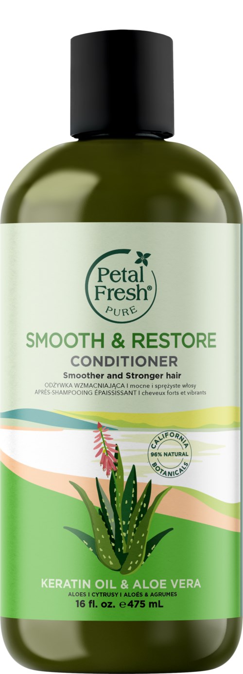 Green bottle with a white label featuring an aloe vera plant and pink flower, labeled Petal Fresh Smooth & Restore Conditioner.
