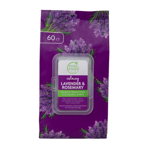 Packaging with purple flowers, label says Petal Fresh, lavender and rosemary wipes, calming, makeup remover, 60 wipes.