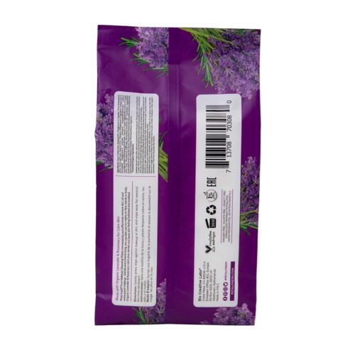 Purple packaging with lavender flowers design, barcode, and nutritional information.