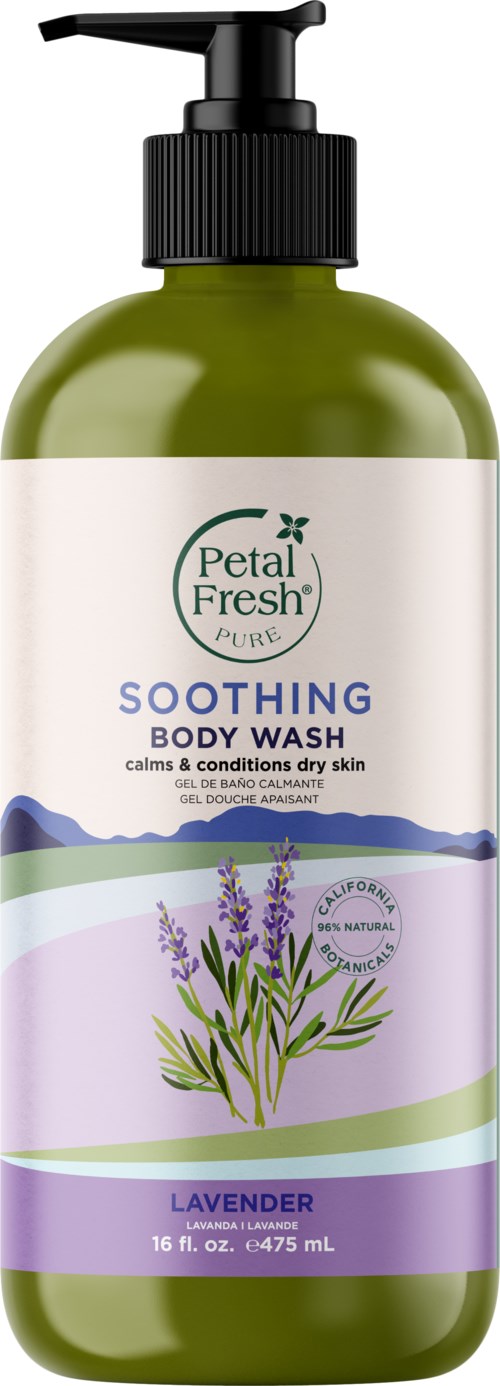A green bottle with a pump shows lavender soothing body wash, labeled as calming, natural, and 475 mL.
