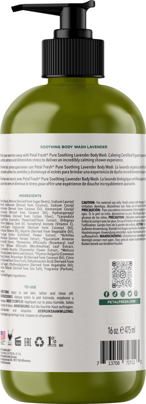 A green bottle with a pump, labeled as soothing lavender body wash, containing ingredients and instructions.