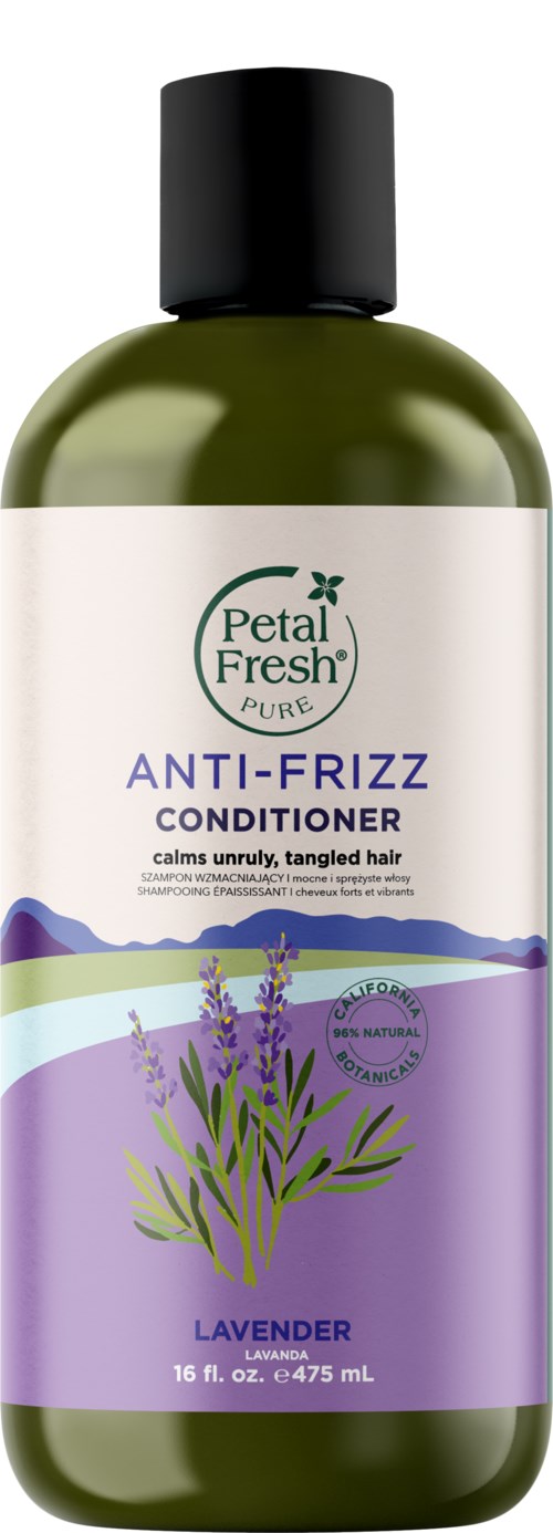 Green bottle with a white label, purple and green design, lavender flowers image, and text about an anti-frizz conditioner.