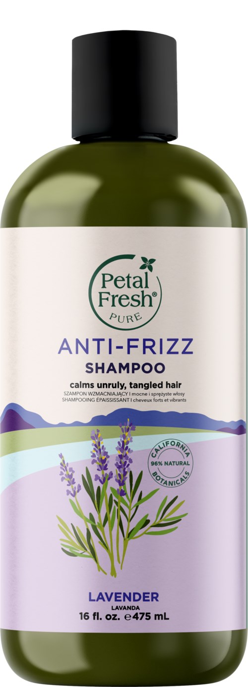A green bottle of Petal Fresh shampoo with lavender scent for curly, tangled hair. Label shows lavender plant illustration.