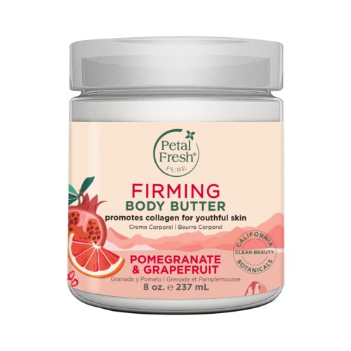 A jar of Petal Fresh Firming Body Butter with pomegranate and grapefruit, promoting skin collagen, from California Organic Botanicals.