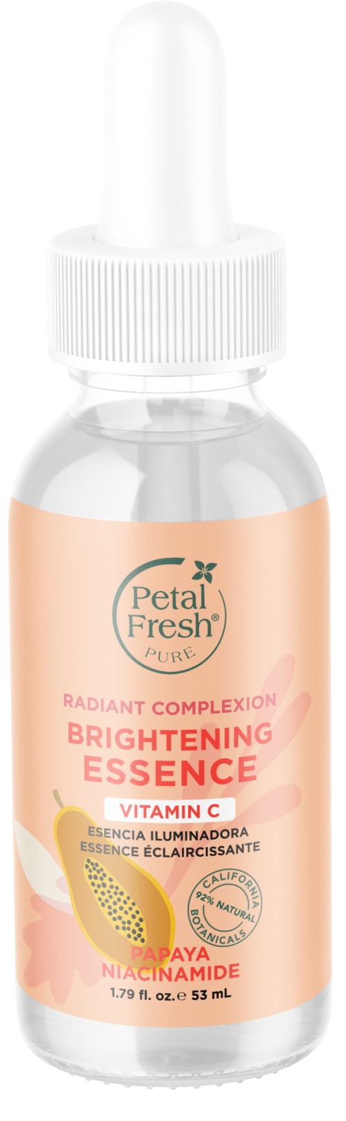Een kleine doorzichtige fles met een witte pipetdop, roze etiket en tekst voor Petal Fresh Brightening Essence, Vitamin C.