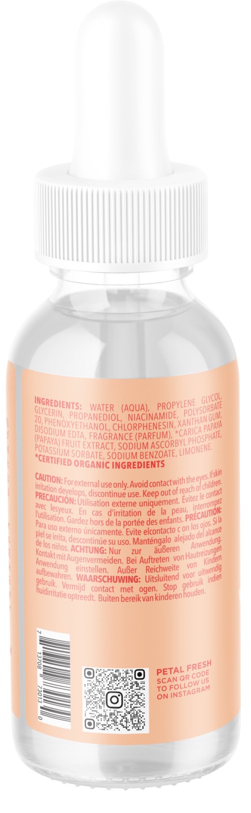 Klein heldere fles met witte druppelkap, bevat vloeistof en een roze label met tekst en QR-code.