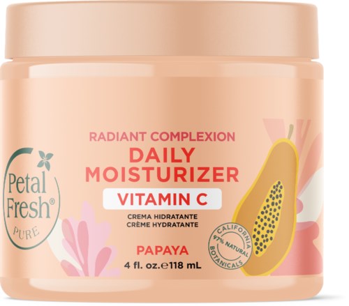 A jar of Petal Fresh moisturizer with papaya, vitamin C, and floral design on the label.