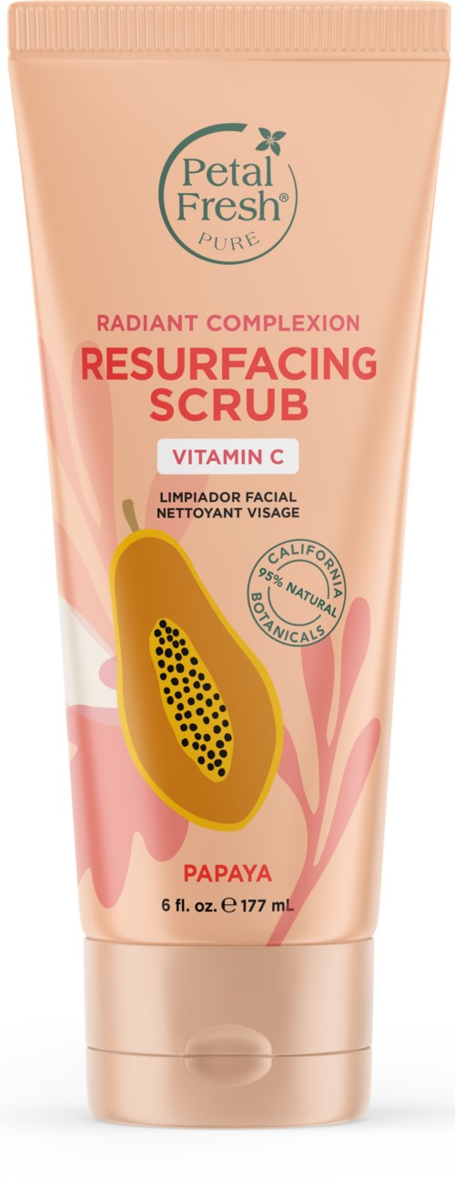 En tube ansiktskrubb med papaya och vitamin C, märkt som strålande och förbättrande för luminous hud.