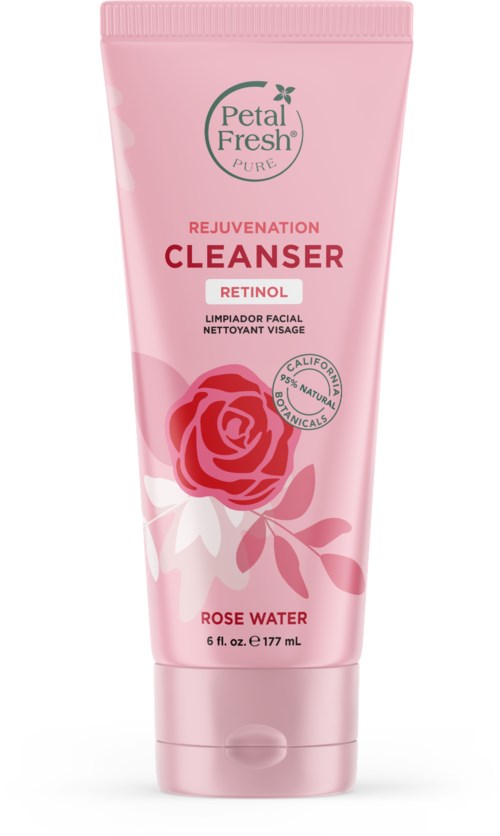 Roze tube met gezichtreinigingsmiddel, afgebeeld met roos en gelabeld 'Petal Fresh,' 'Rejuvenation' en 'Rose Water.'
