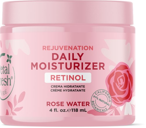 Pink jar of rose water moisturizer labeled 'Rejuvenation Daily Moisturizer with Retinol'.