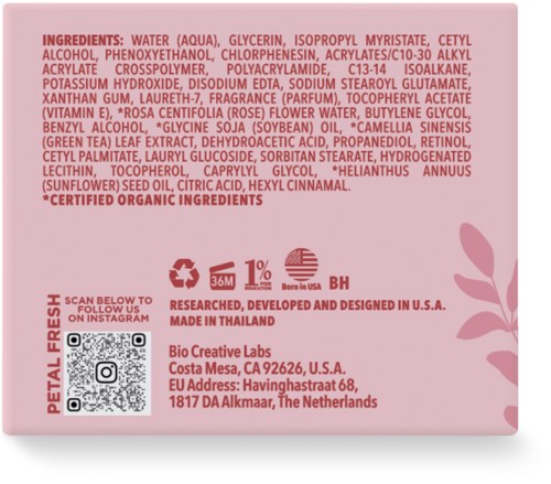 A list of natural ingredients and company details on a pink background, with floral graphics and icons for recycling and product information.