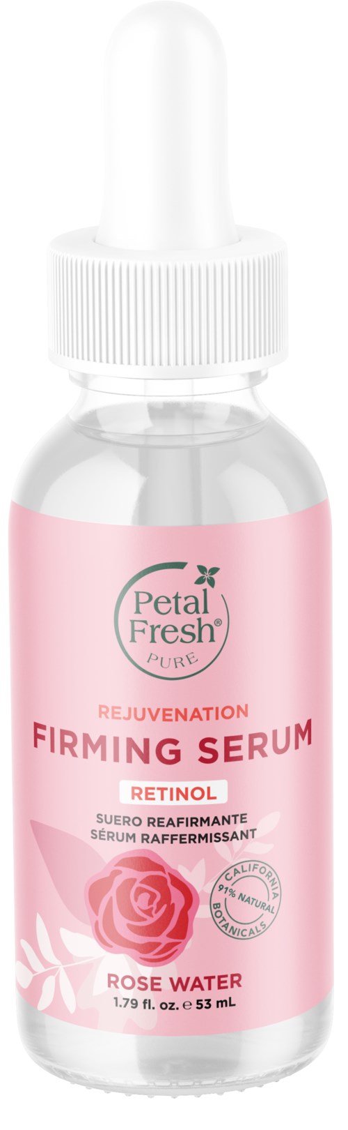 A small, clear dropper bottle with pink label, holding Petal Fresh Rejuvenation Firming Serum, containing rose water and retinol.