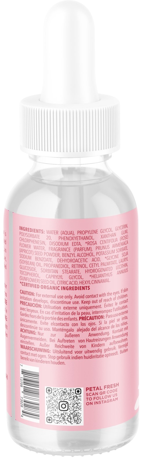 Small glass bottle with a dropper, pink and white label, likely skincare or cosmetic product.
