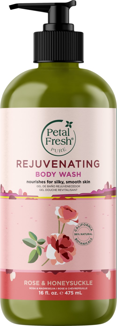 Green bottle of Petal Fresh Rejuvenating Body Wash with rose and honeysuckle scent, 16 fl oz..