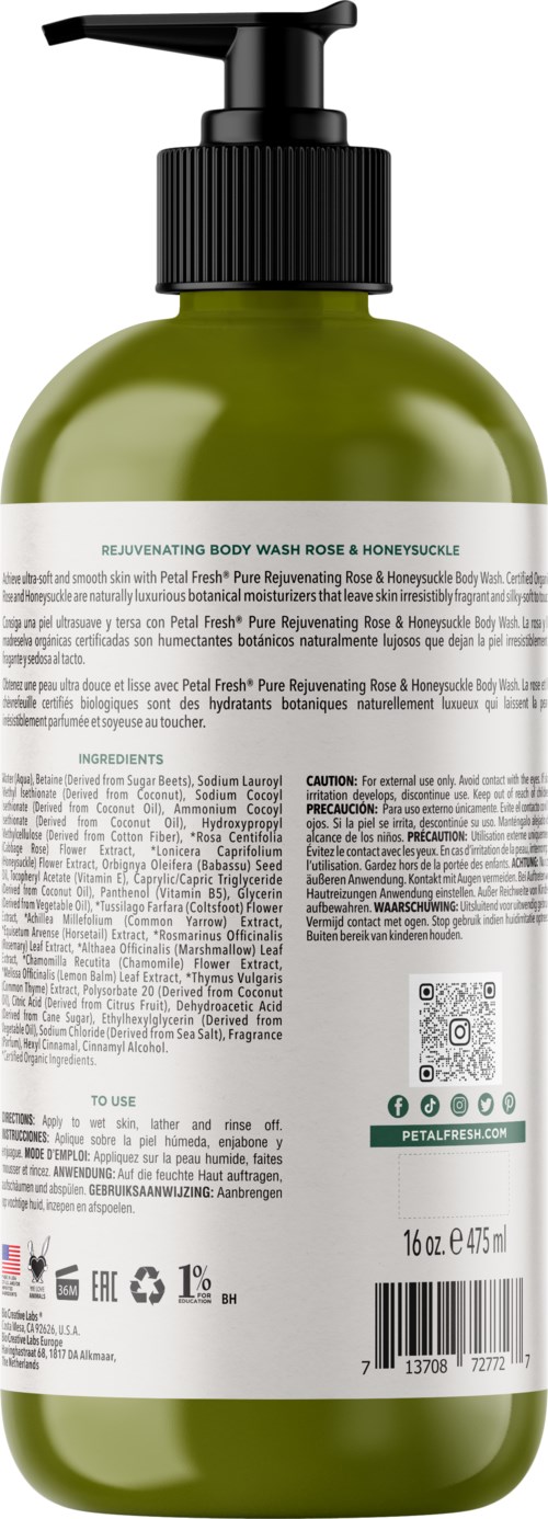 A green bottle with a black pump labeled as a body wash product, containing text and barcode.