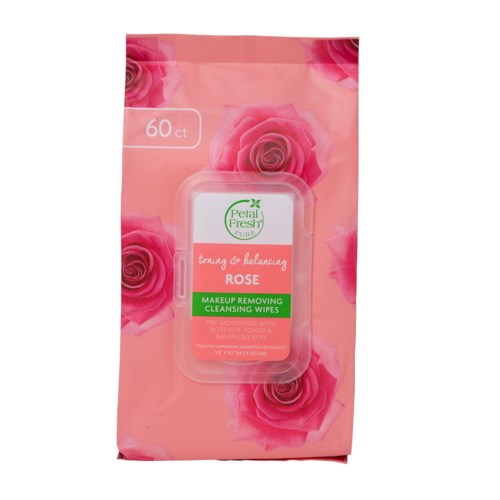 Roze verpakking met rozen, groen en wit label, make-up verwijderingsdoekjes, 60 doekjes.