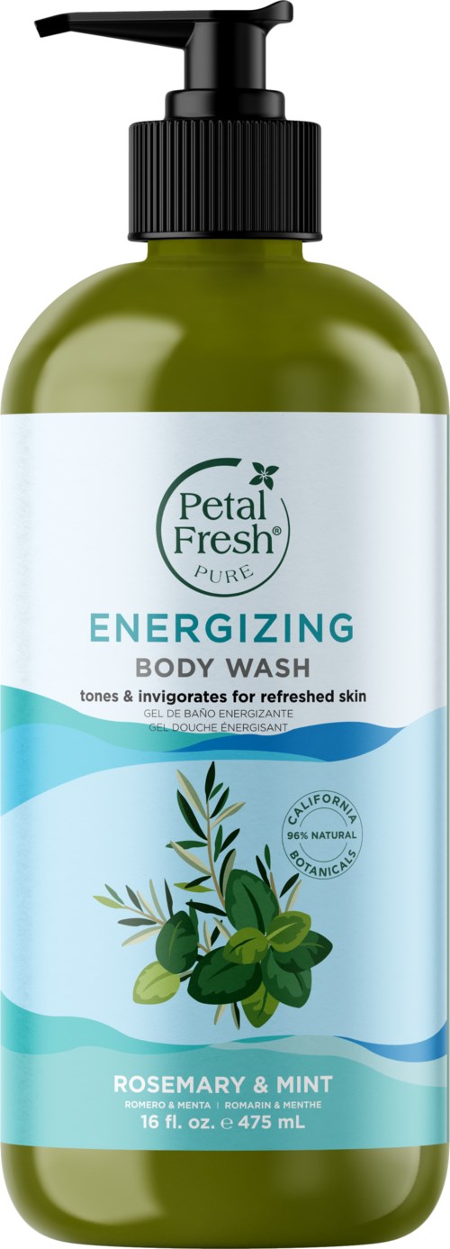 Green bottle of Petal Fresh Energizing Body Wash with rosemary and mint scent. Contains natural ingredients. 16 fl oz.