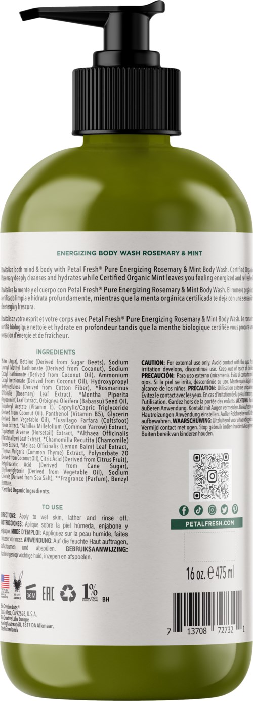 Green bottle with a pump, contains body wash with rosemary and mint scent, text on label, 16 oz size.