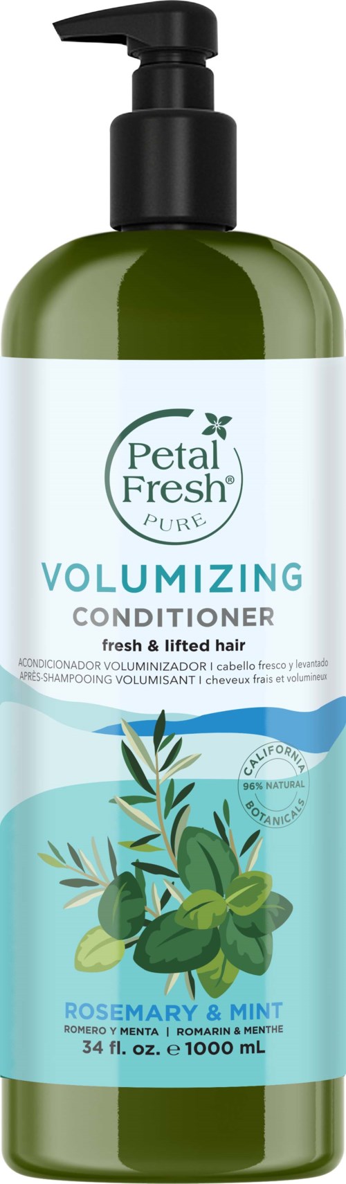 A green bottle with a pump and a blue and white label. It is Petal Fresh Volume Enhancing Conditioner with rosemary and mint.