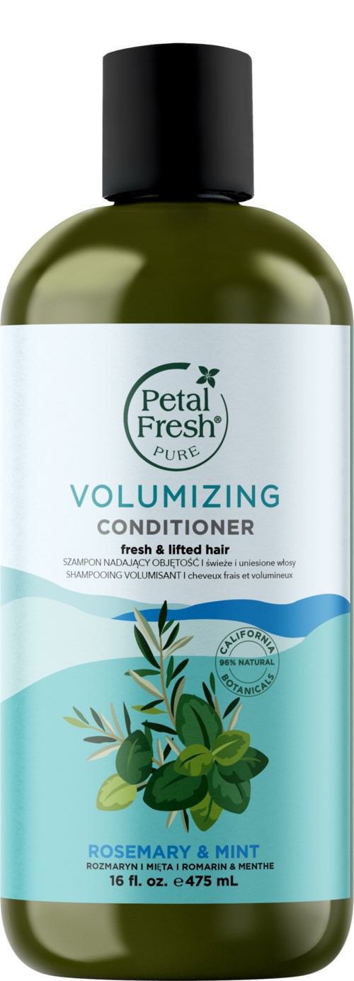A green bottle of Petal Fresh Pure Volumizing Conditioner with rosemary and mint scent, featuring a light blue label and plant illustration.