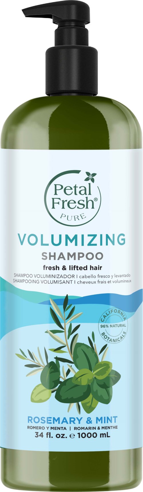 A green bottle of Petal Fresh shampoo with a pump cap, labeled for volumizing with rosemary and mint.