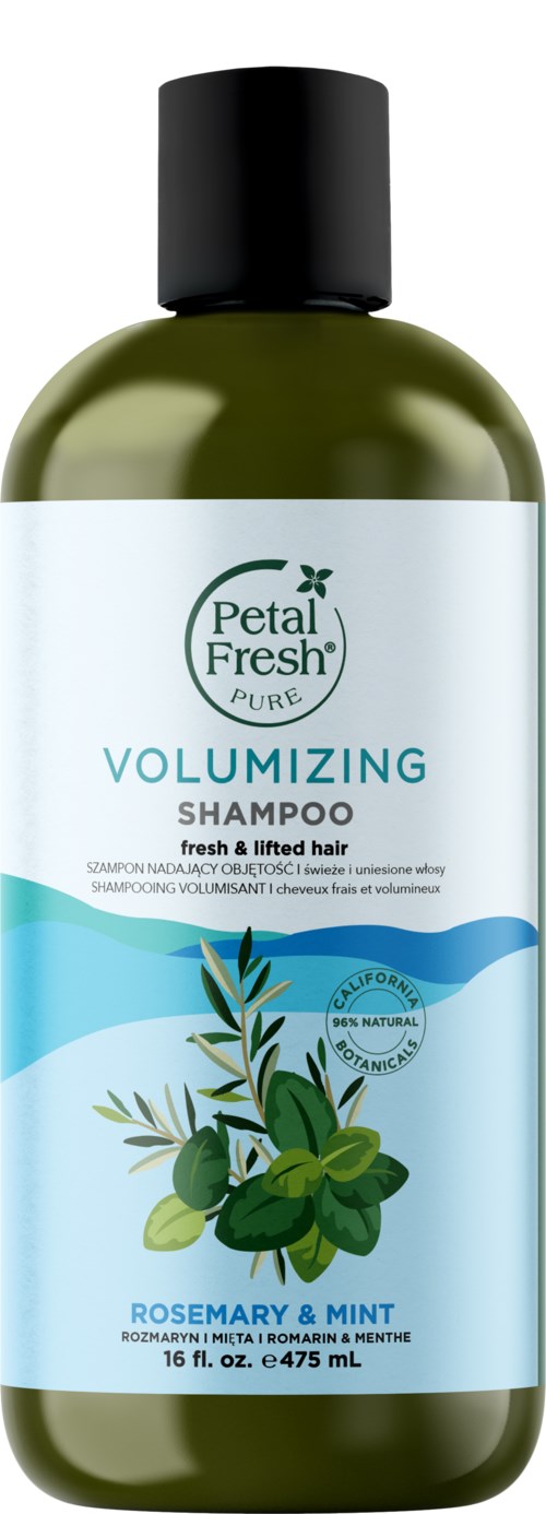 A green bottle of Petal Fresh shampoo labeled 'VOLUMIZING' with rosemary and mint ingredients, 16 fl oz.