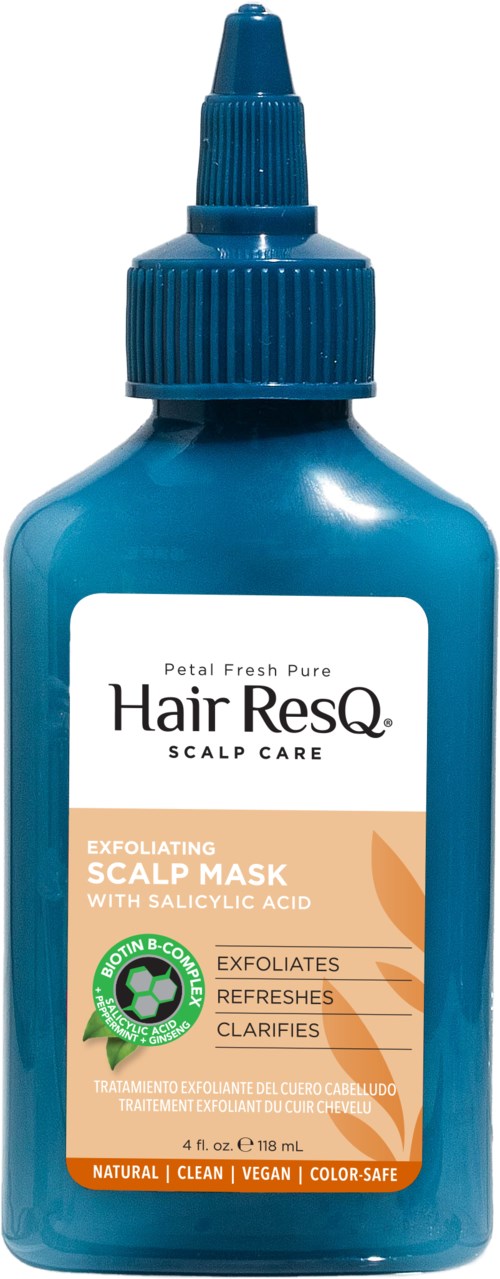 Blue bottle with a dropper cap containing Hair ResQ scalp care mask for exfoliating and clarifying scalp.