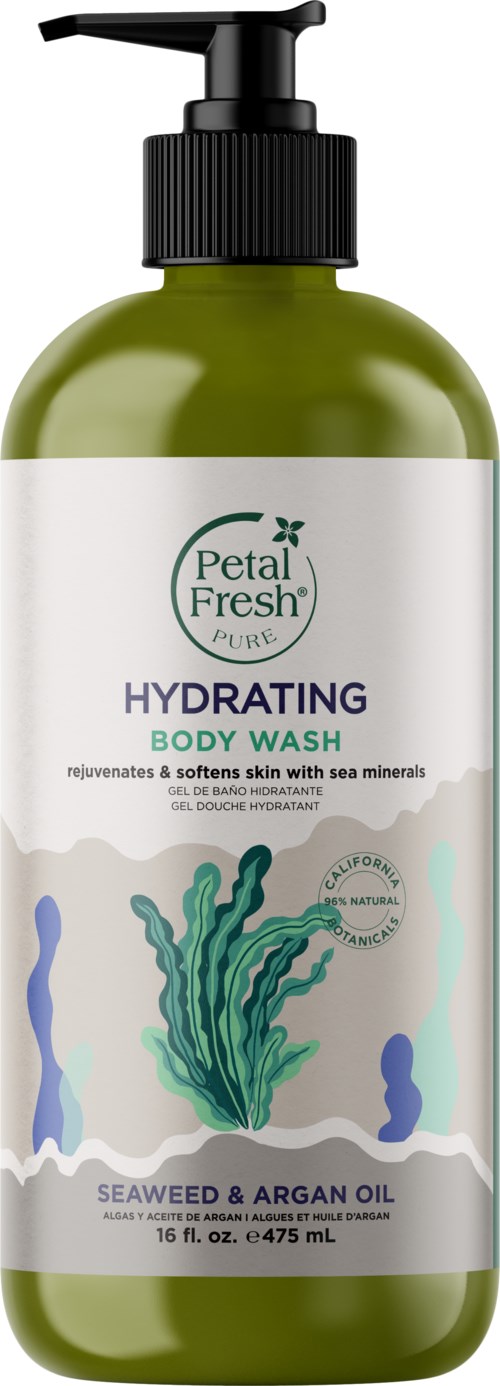 Green body lotion bottle with a label showing seaweed and argan oil, labeled 'Hydrating Body' by Petal Fresh.